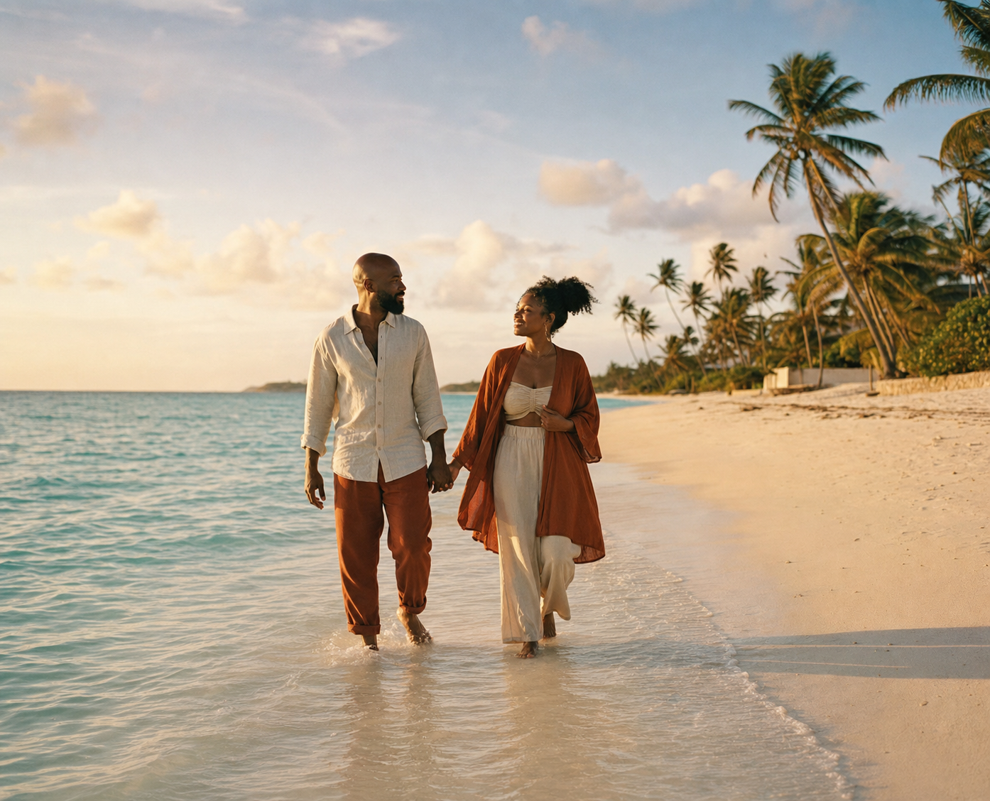 Couple walking the Caribbean shore at sunrise