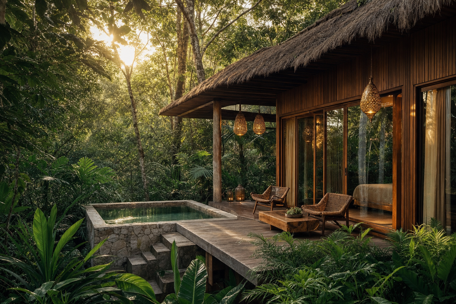 Element-inspired villa with private plunge pool at golden hour